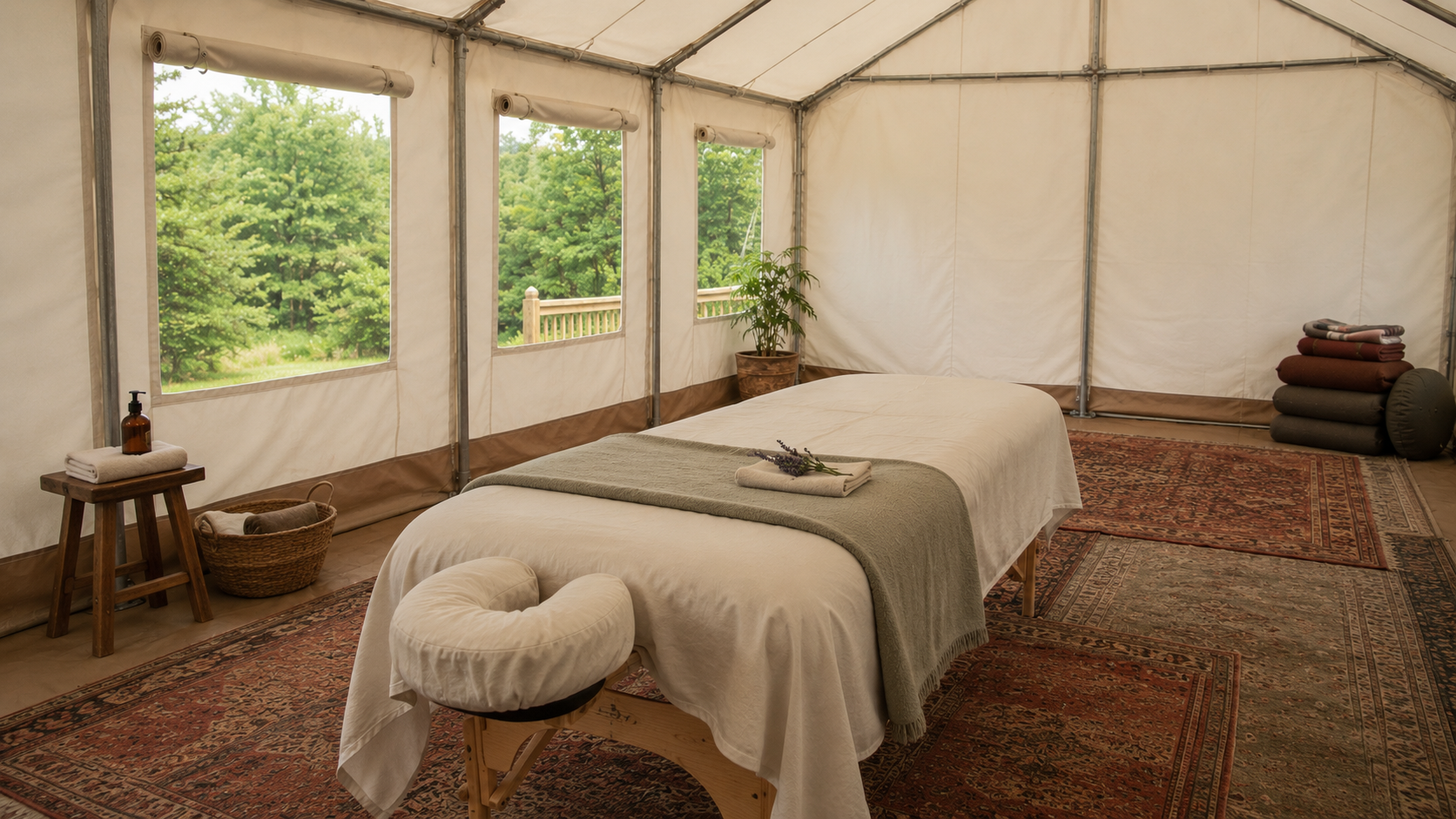 A massage table draped in linen inside a bright canvas tent surrounded by green trees
