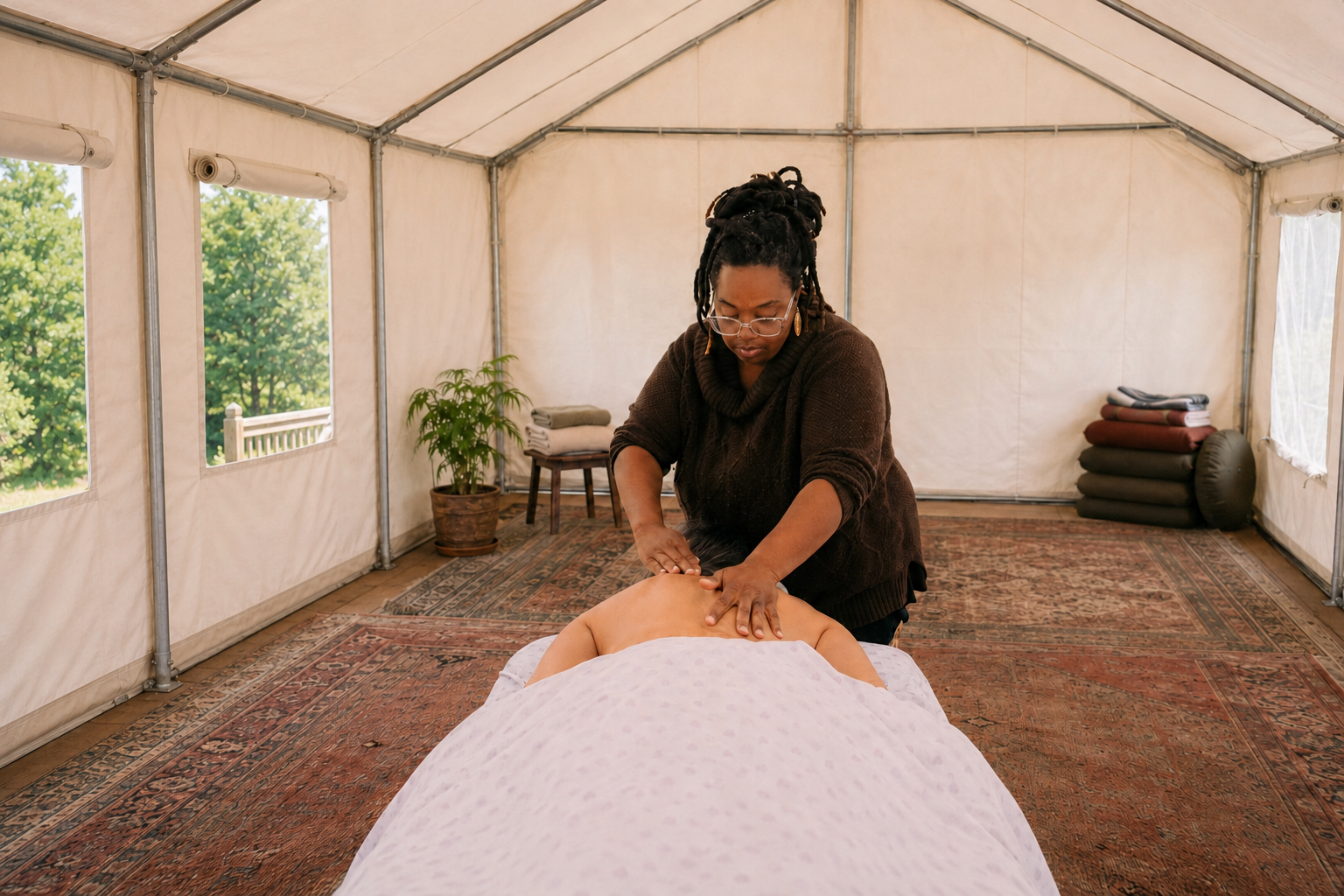 Rashida giving attentive massage to a client inside a bright canvas tent
