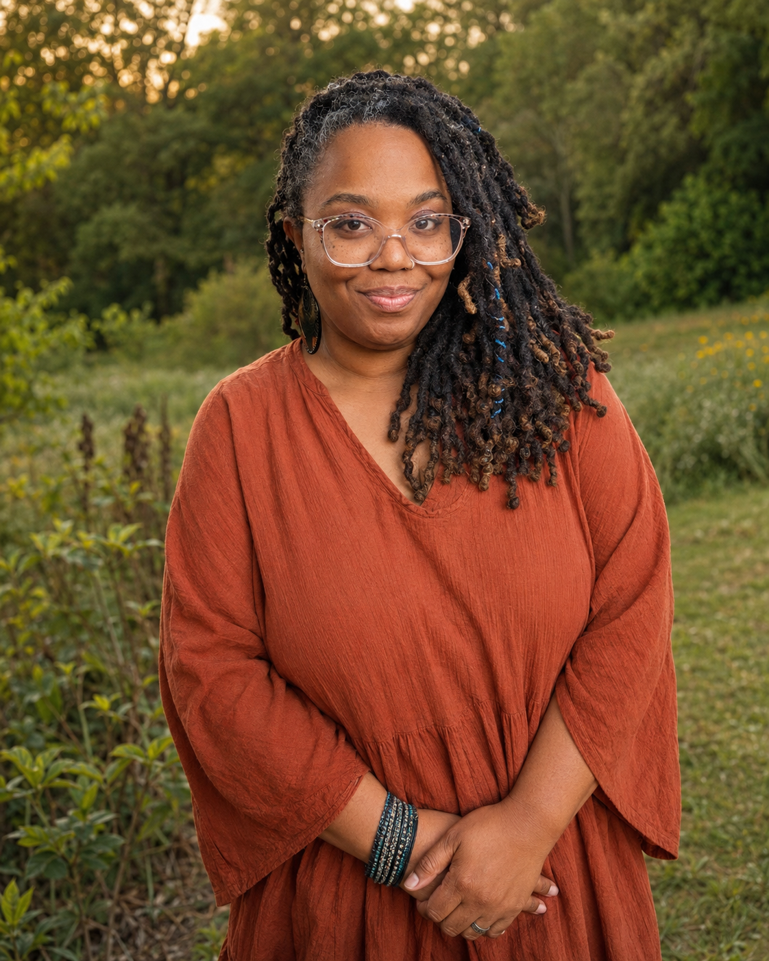 Rashida McCoy standing outdoors on the land in a rust-colored dress