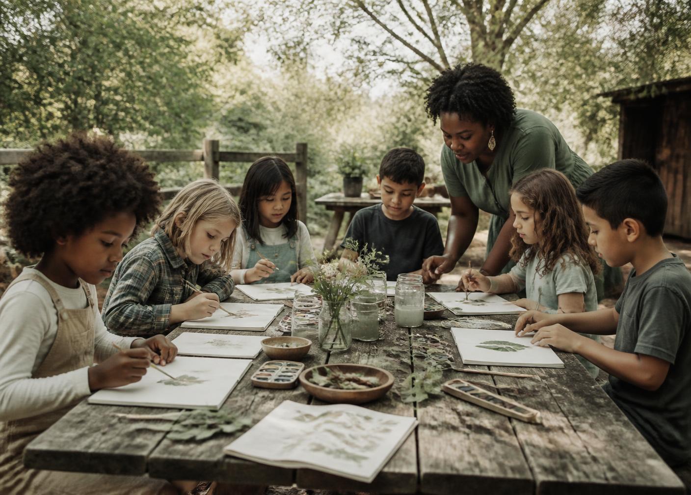 Children and adults learning together at an outdoor table